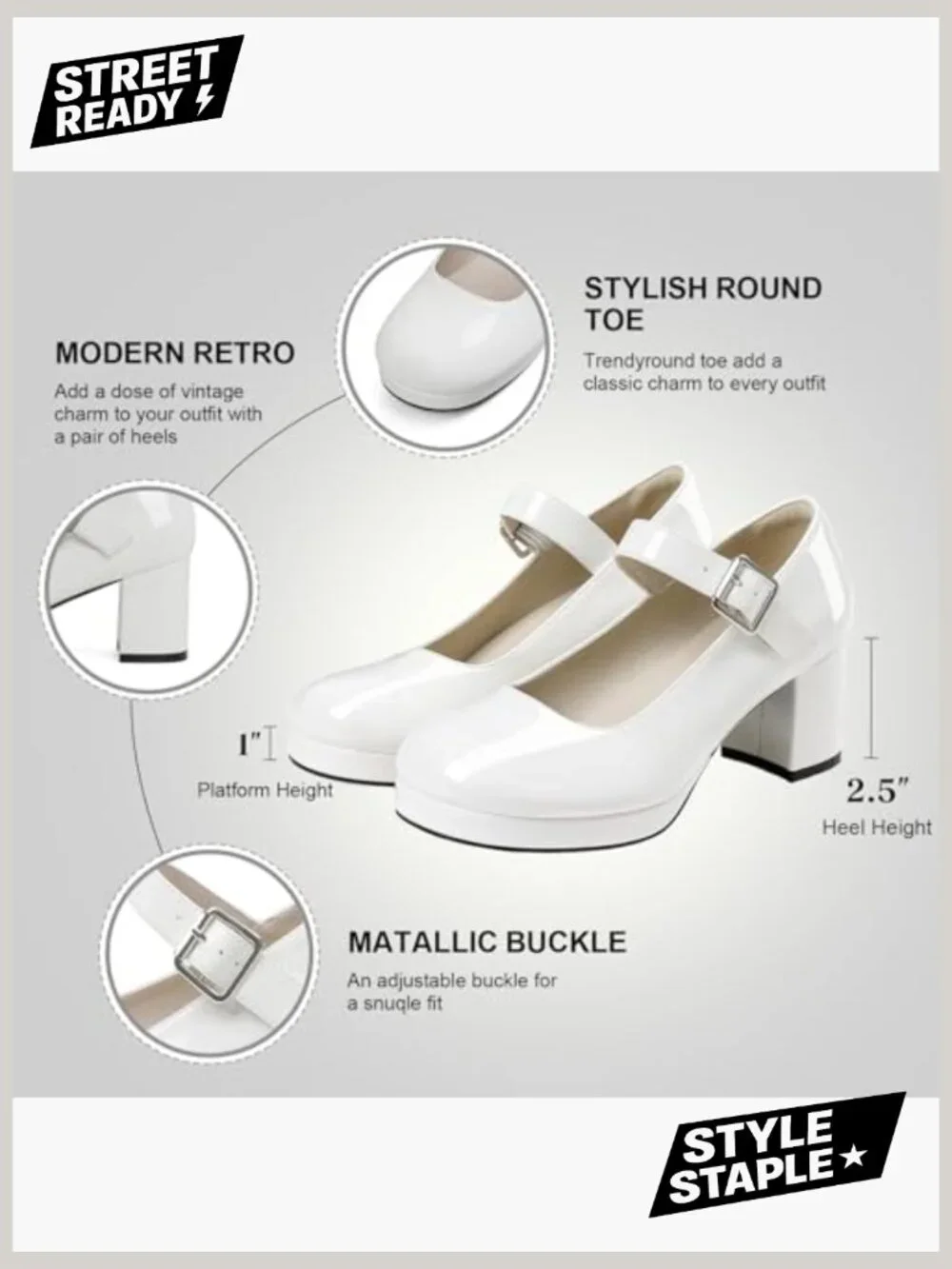 Women's Low Chunky Heel Mary Jane Pumps Ankle Buckle Strap Round Toe Dress Shoes - Picture 5 of 6